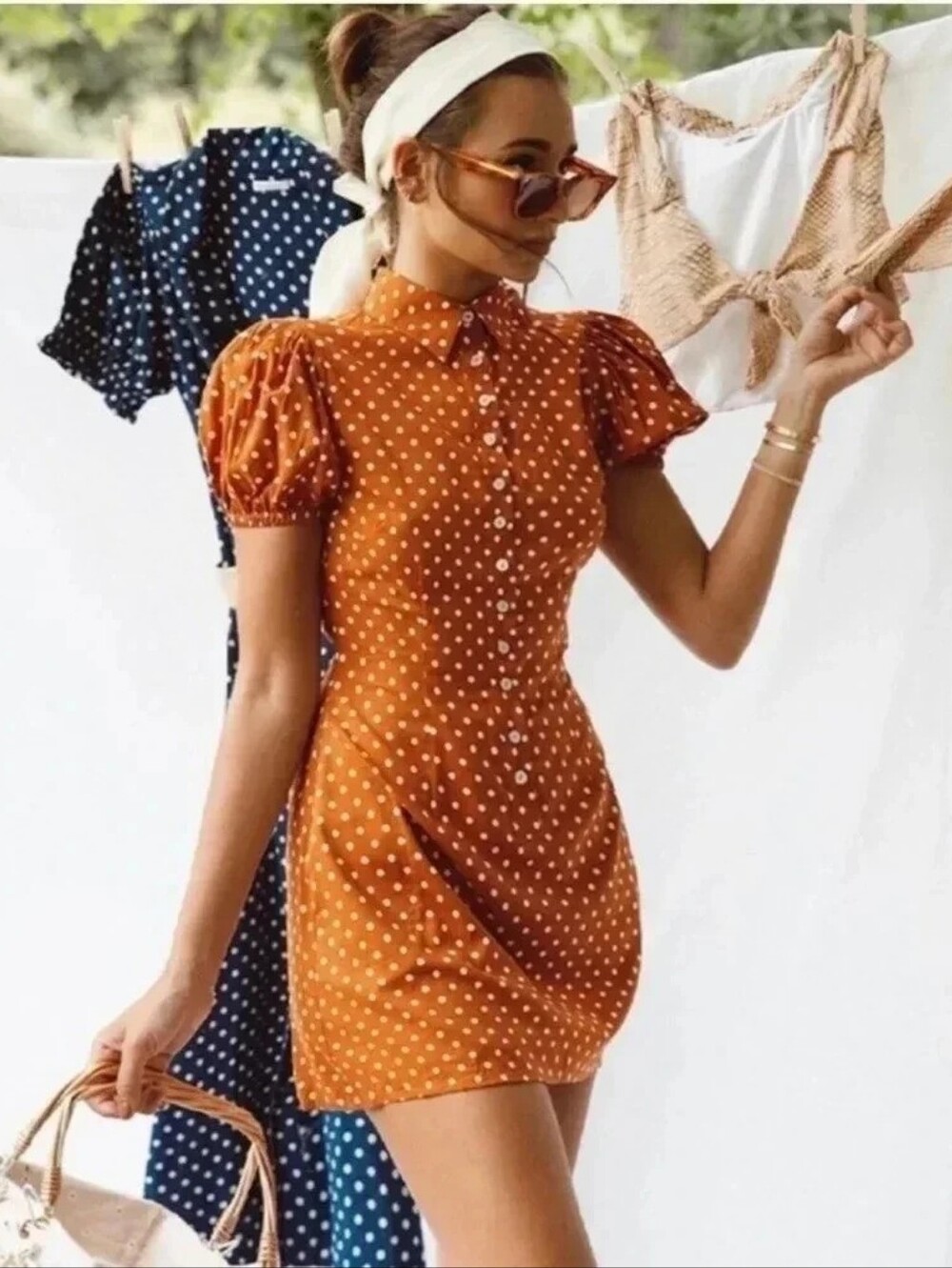 WeWoreWhat Orange White Polka Dot Puff Sleeve Pockets Elle Mini Dress Medium NWT